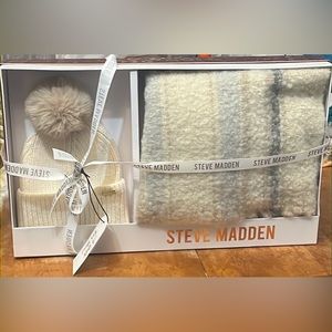Steve Madden Women's Hat & Scarf Set Gray White Beige Color Cuff